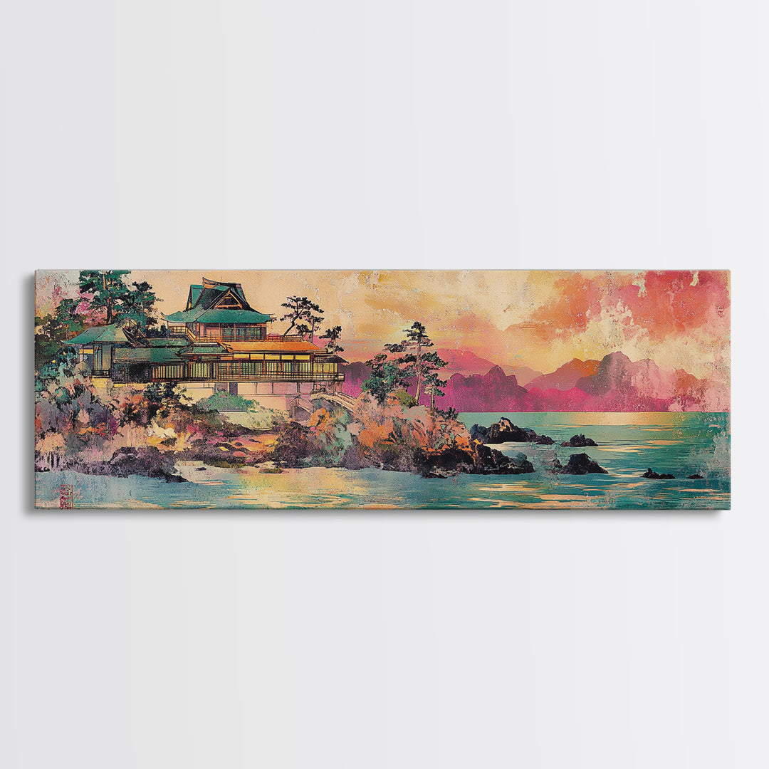 Japanese Palace On Turquoise Coast Wall Art, Panoramic Canvas Print, Asian Landscape Art For Japandi Living Room Decor Print