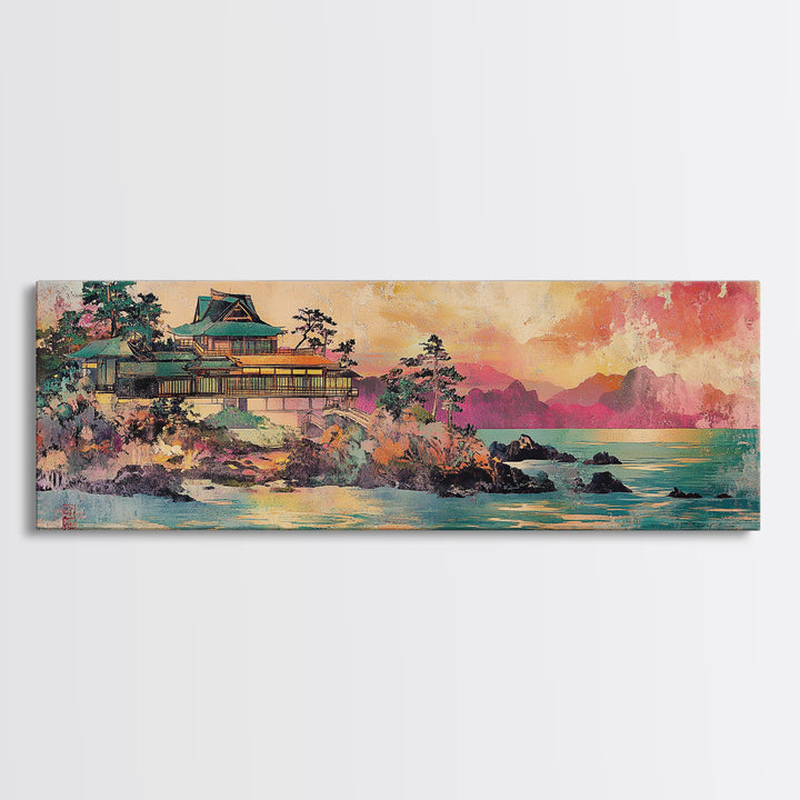 Japanese Palace On Turquoise Coast Wall Art, Panoramic Canvas Print, Asian Landscape Art For Japandi Living Room Decor Print