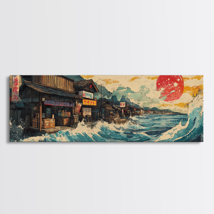 Japanese Seaside Village With Red Sun Wall Art, Panoramic Canvas Print, Ocean Wave Decor, Coastal Kitchen Art Print Home Decor