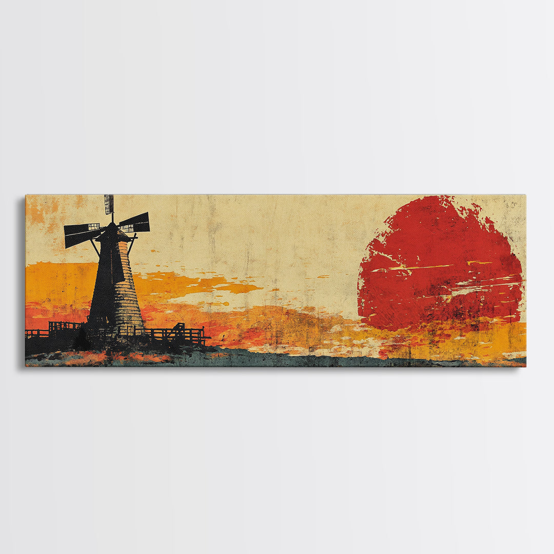 Rustic Windmill And Red Sun Landscape Wall Art, Panoramic Canvas Print, Farmhouse Decor, Western Living Room Art Home Decor