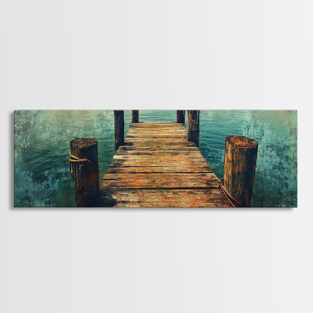 Weathered Wooden Dock Over Teal Water Wall Art, Panoramic Canvas Print, Lake House Decor, Nautical Living Room Art Coastal Decor