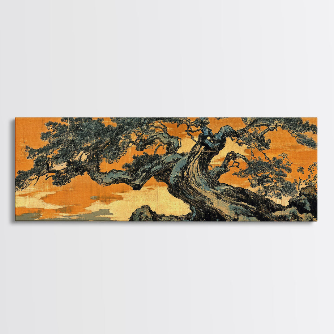 Twisted Japanese Pine Tree Landscape Wall Art, Panoramic Canvas Print, Japandi Decor, Nature Wall Decor, Office Art Print