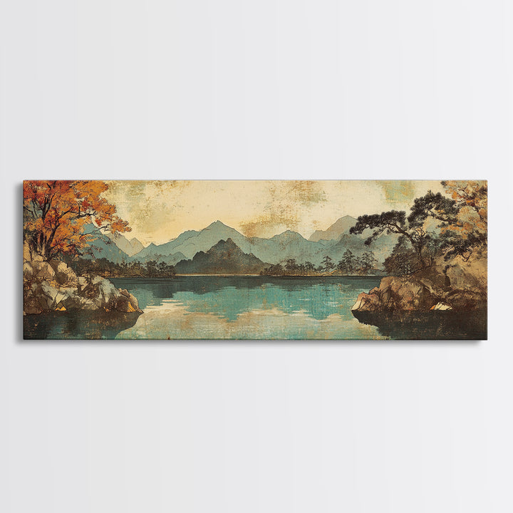 Autumn Mountain Lake With Misty Forest Wall Art, Panoramic Canvas Print, Nature Decor, Landscape Art For Living Room Decor