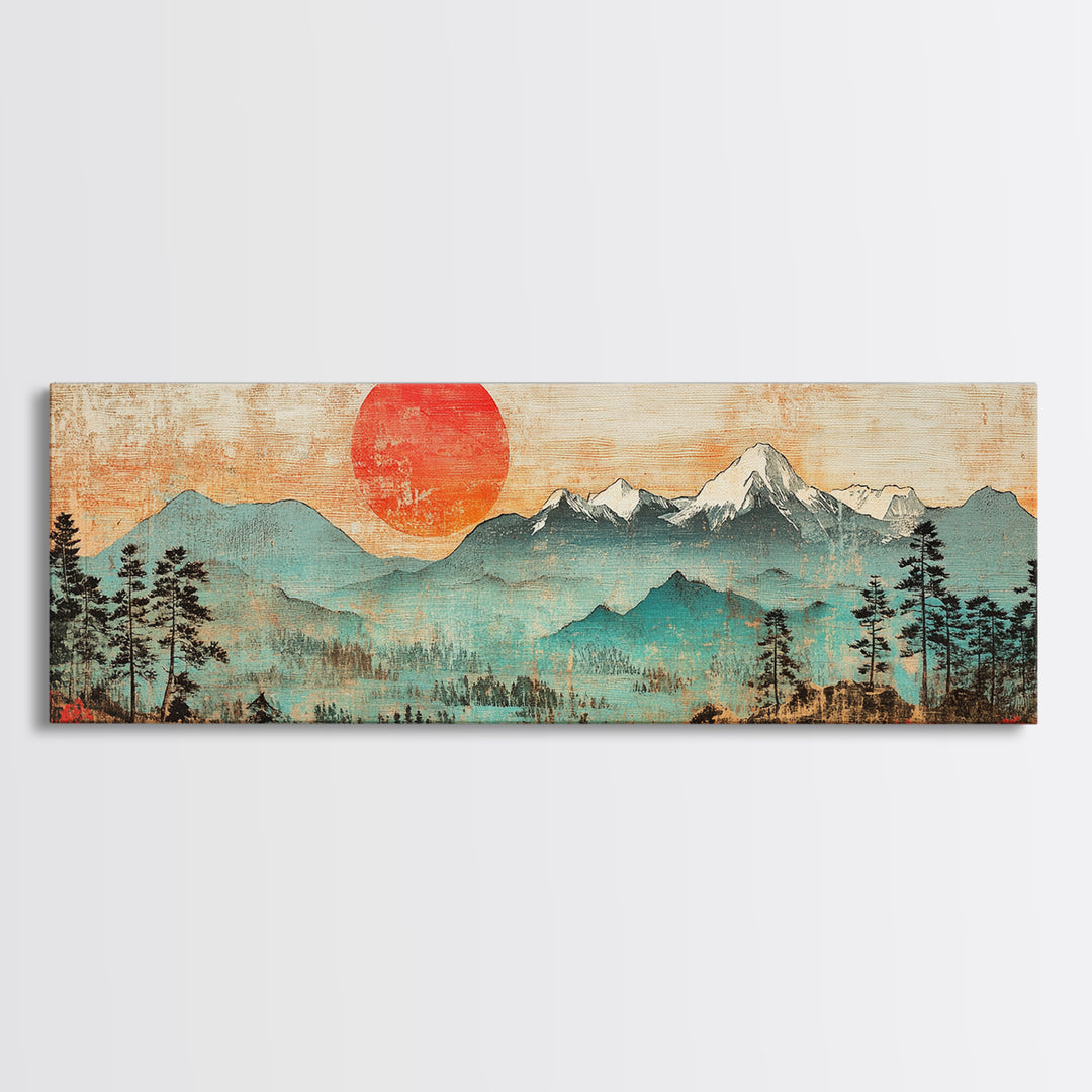 Red Sun Over Snowy Mountains And Pines Wall Art, Panoramic Canvas Print, Rustic Nature Decor, Large Landscape Art Home Decor
