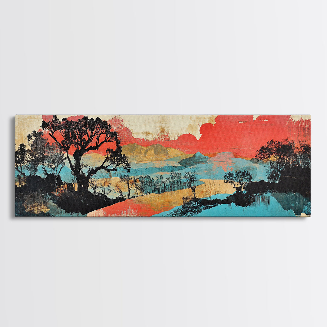 Coral Sky Abstract River Trees Wall Art, Japanese Landscape Print, Panoramic Canvas, Modern Asian Living Room Decor, Home Decor