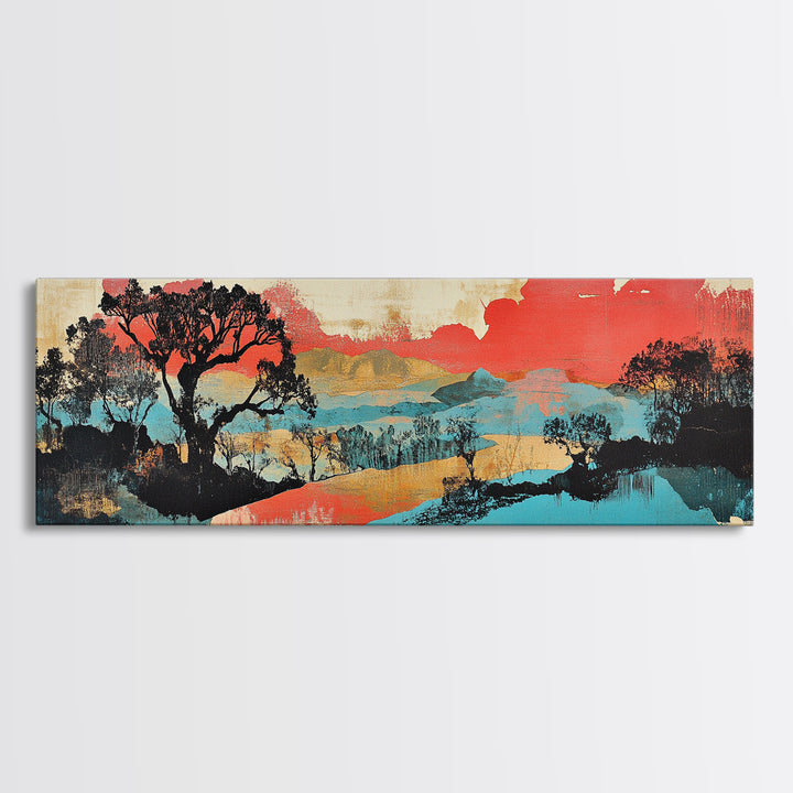 Coral Sky Abstract River Trees Wall Art, Japanese Landscape Print, Panoramic Canvas, Modern Asian Living Room Decor, Home Decor