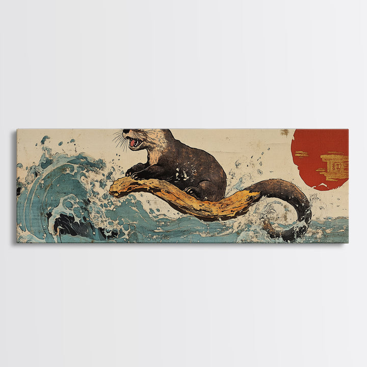 Playful Otter Riding Ocean Wave Wall Art, Japanese Animal Print, Panoramic Canvas, Coastal Bathroom Decor, Wildlife Gift For Her