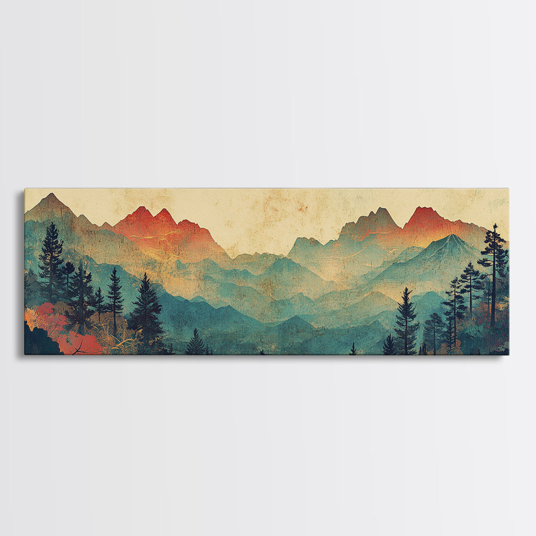 Layered Blue Mountain Forest Wall Art, Panoramic Canvas Print, Nature Landscape, Rustic Cabin Living Room Decor, Above Sofa Decor