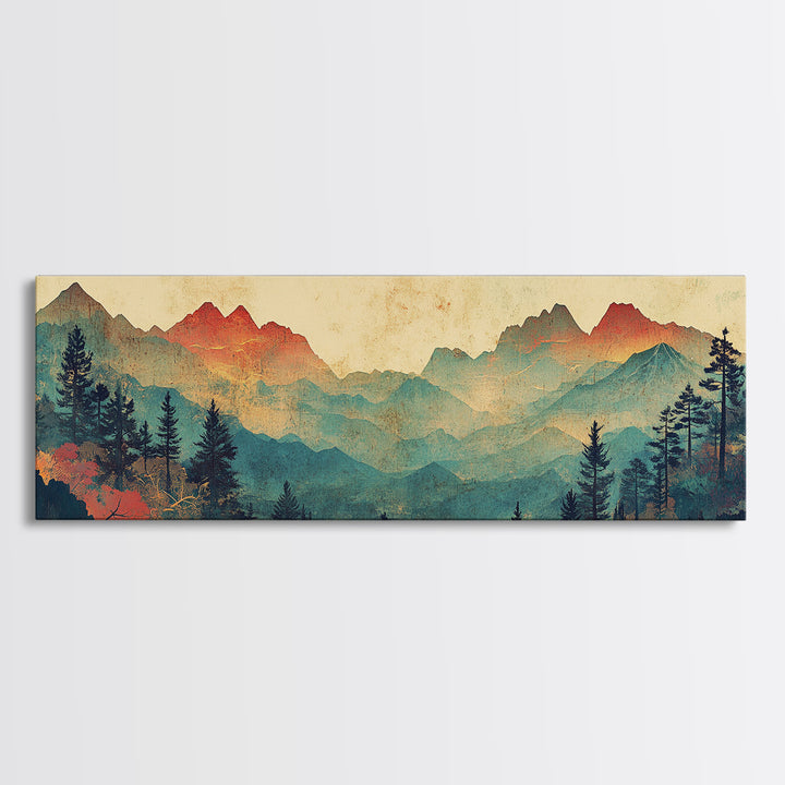 Layered Blue Mountain Forest Wall Art, Panoramic Canvas Print, Nature Landscape, Rustic Cabin Living Room Decor, Above Sofa Decor