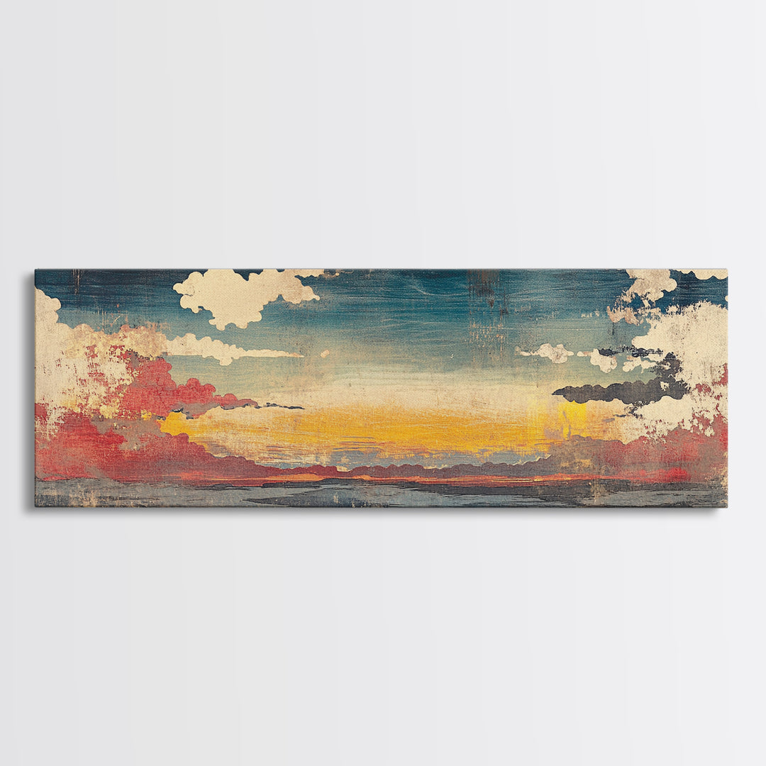 Moody Sunset Clouds Over Water Wall Art, Abstract Seascape Canvas Print, Coastal Landscape, Panoramic Home Decor, Living Room Art