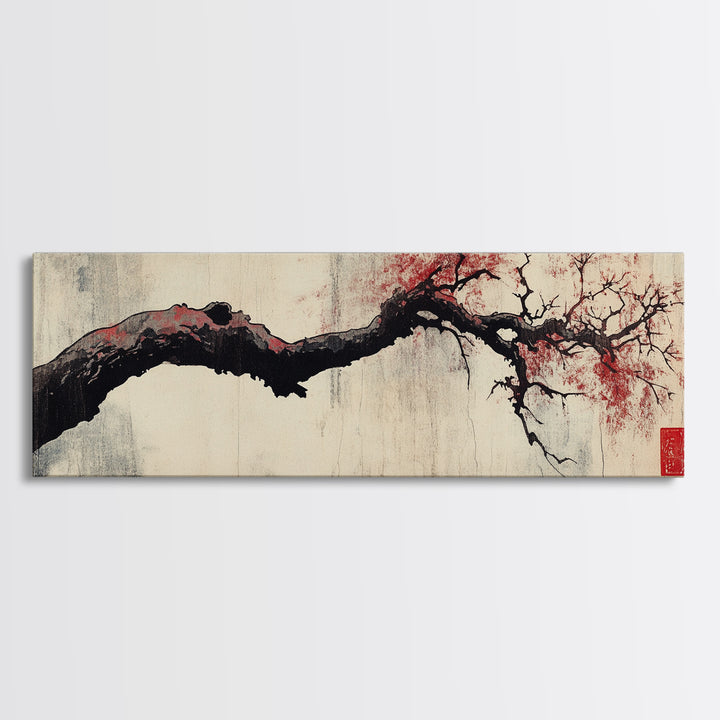 Minimal Black Branch With Red Blossoms Wall Art, Japanese Botanical Canvas Print, Wabi Sabi Neutral Home Decor, Above Bed Art