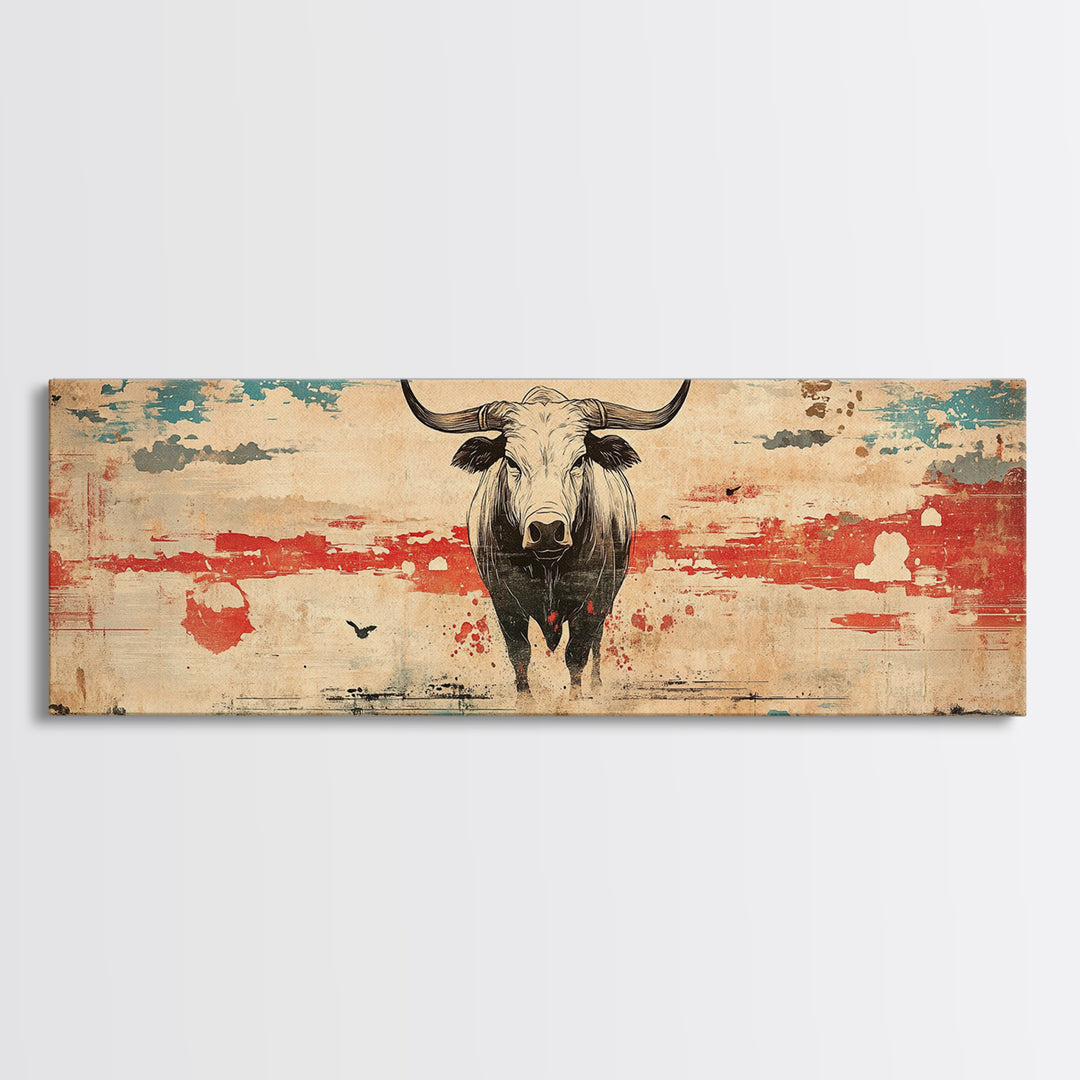Longhorn Bull Rustic Southwest Wall Art, Western Ranch Canvas Print, Cowboy Home Decor, Desert Landscape, Gift For Him, Man Cave Decor