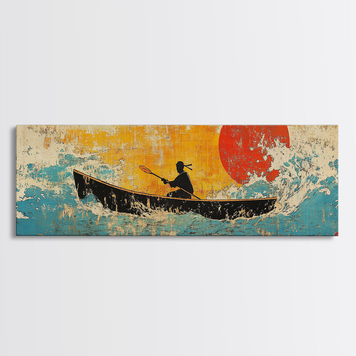 Canoe Silhouette Red Sun Canvas Print, Japanese Lake Wall Art, Retro Coastal Home Decor, Boho Living Room, Gift For Her, Art Print