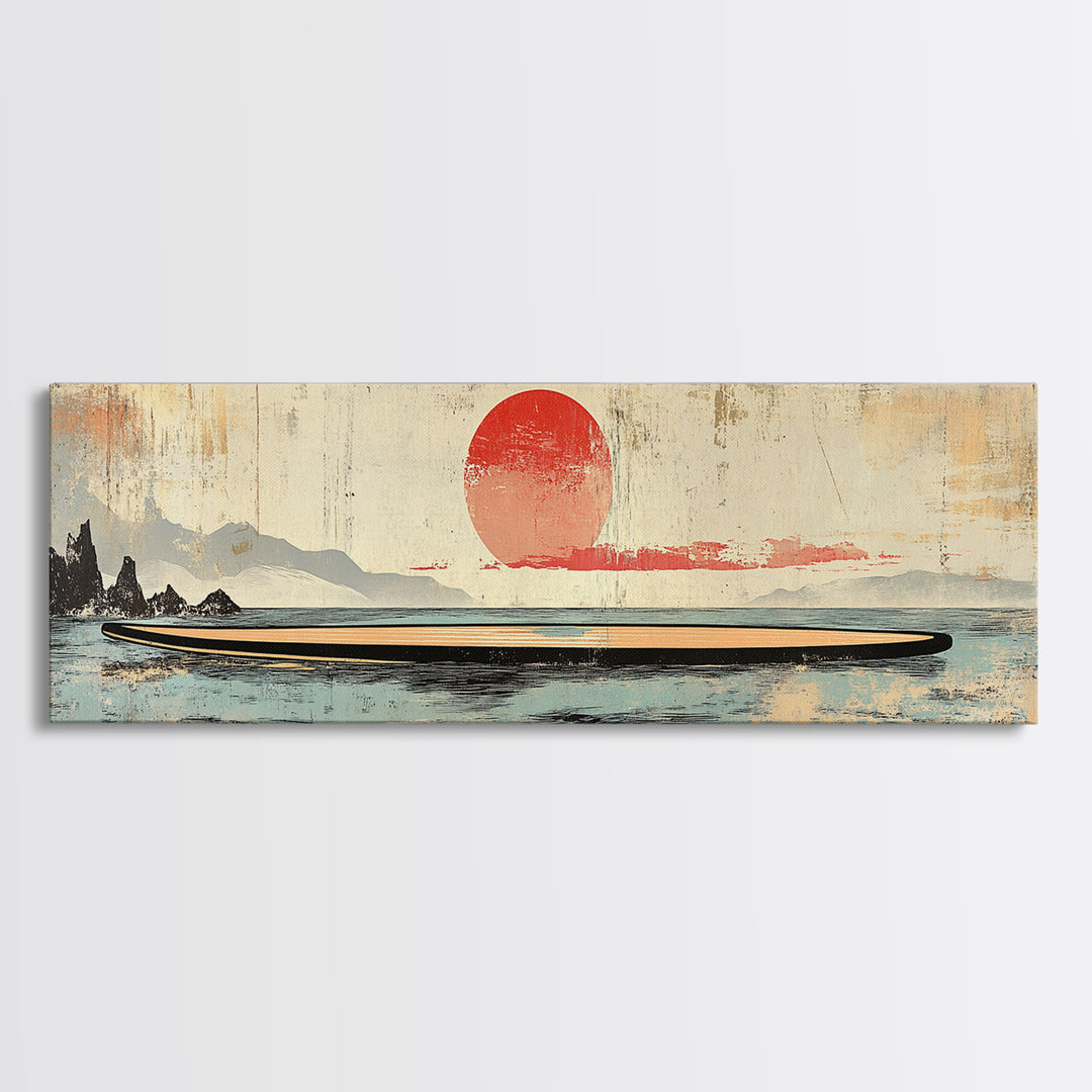 Red Sun Seascape Minimalist Wall Art, Japanese Coastal Canvas Print, Neutral Beach House Decor, Living Room Art Print, Zen Home Decor