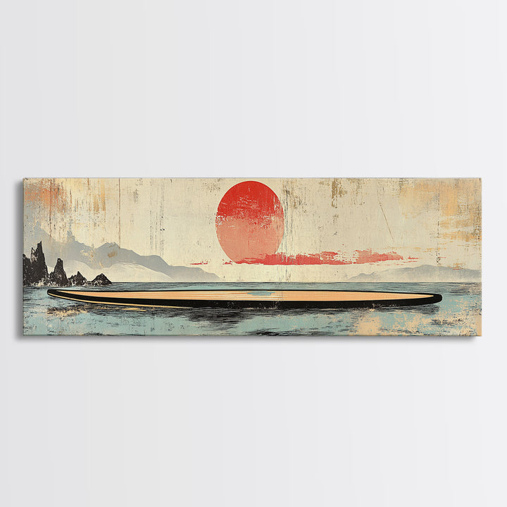 Red Sun Seascape Minimalist Wall Art, Japanese Coastal Canvas Print, Neutral Beach House Decor, Living Room Art Print, Zen Home Decor
