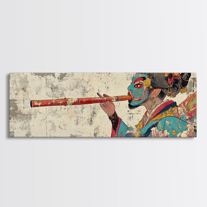 Japanese Geisha Flute Portrait Framed Canvas Print, Asian Wall Art, Kimono Woman Decor, Japandi Home Decor, Gift For Her