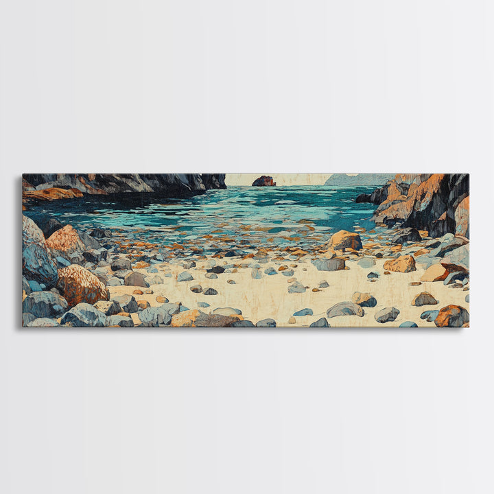 Turquoise Rocky Shore Seascape Wall Art, Coastal Canvas Print, Ocean Landscape, Beach House Decor, Large Living Room Art