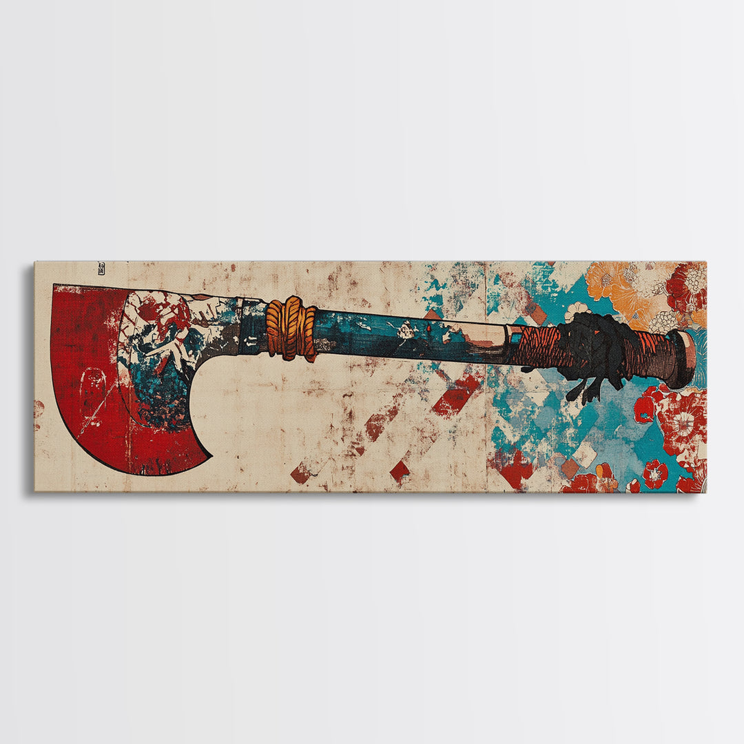 Red Blade Tribal Axe Wall Art, Grunge Weapon Illustration, Rustic Man Cave Decor, Bold African Inspired Canvas Print, Office Decor