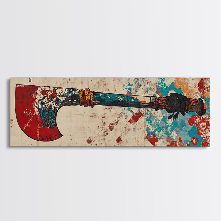 Red Blade Tribal Axe Wall Art, Grunge Weapon Illustration, Rustic Man Cave Decor, Bold African Inspired Canvas Print, Office Decor