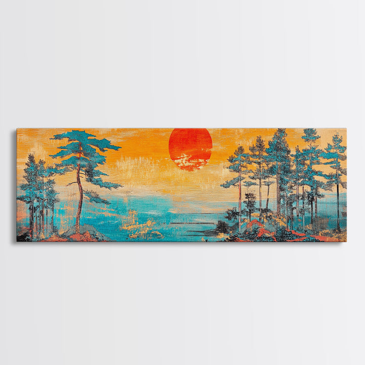 Red Sun Pine Island Wall Art, Japanese Coastal Landscape, Serene Ocean Decor, Long Horizontal Framed Canvas Print, Living Room Art