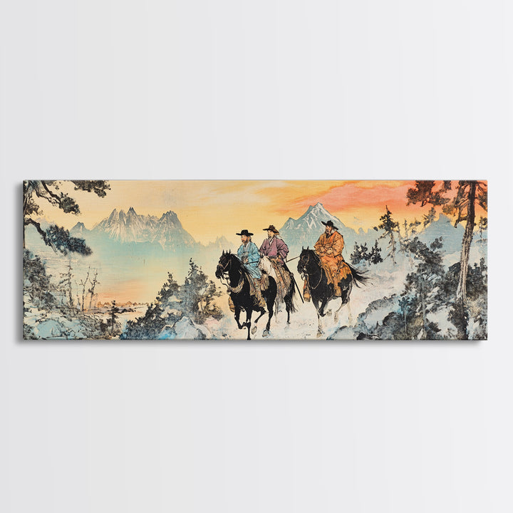 Two Cowboys Snowy Mountain Wall Art, Western Horse Landscape Painting, Rustic Cabin Decor, Large Framed Canvas Print, Gift For Him