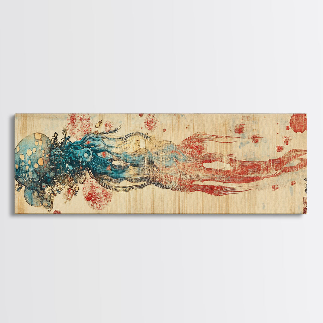 Blue Jellyfish Ocean Wall Art, Marine Life Illustration, Coastal Bathroom Decor, Nautical Framed Canvas Print, Gift For Her