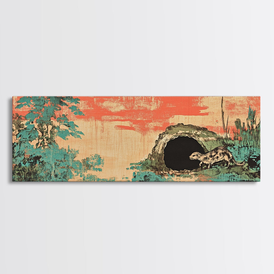 Teal Pine Forest And Moonlit Cave Wall Art, Japanese Landscape Print, Japandi Decor, Panoramic Canvas, Nature Home Decor