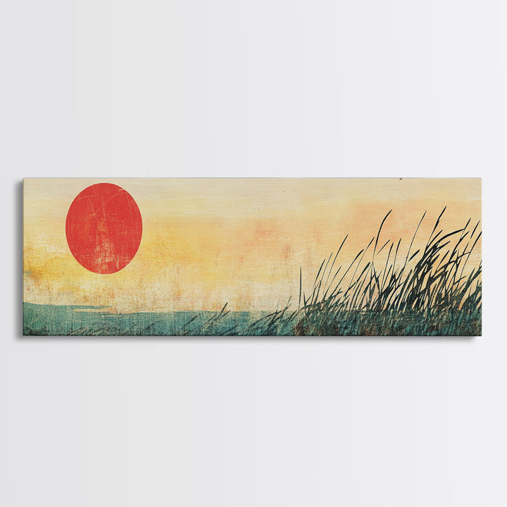 Red Sun Marsh Grass Wall Art, Minimalist Japanese Landscape Print, Zen Nature Decor, Horizontal Canvas, Calming Living Room Decor