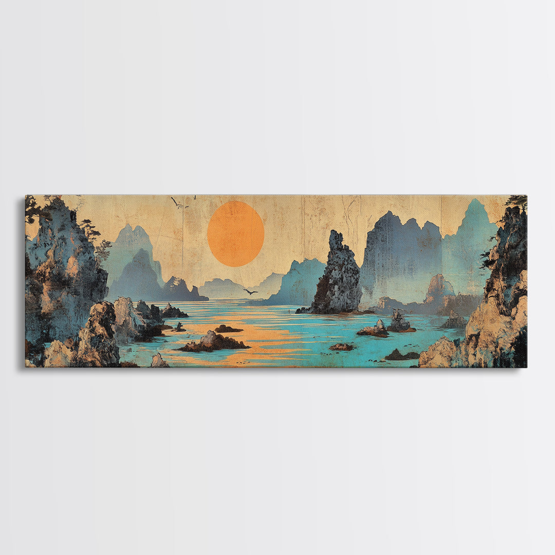 Turquoise Karst Bay Sunset Wall Art, Asian Landscape Print, Japanese Wall Decor, Zen Coastal Art, Panoramic Canvas Print