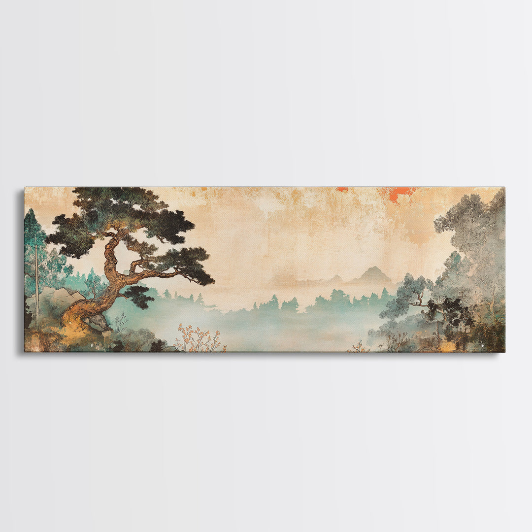 Misty Pine Tree Mountain Wall Art, Japanese Landscape Print, Japandi Wall Decor, Serene Nature Art, Large Horizontal Canvas