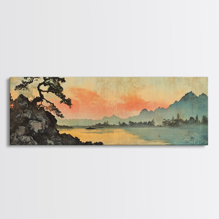 Japanese Lake Sunset With Lone Pine Wall Art, Panoramic Landscape Print, Japandi Decor, Serene Living Room Wall Decor, Home Decor