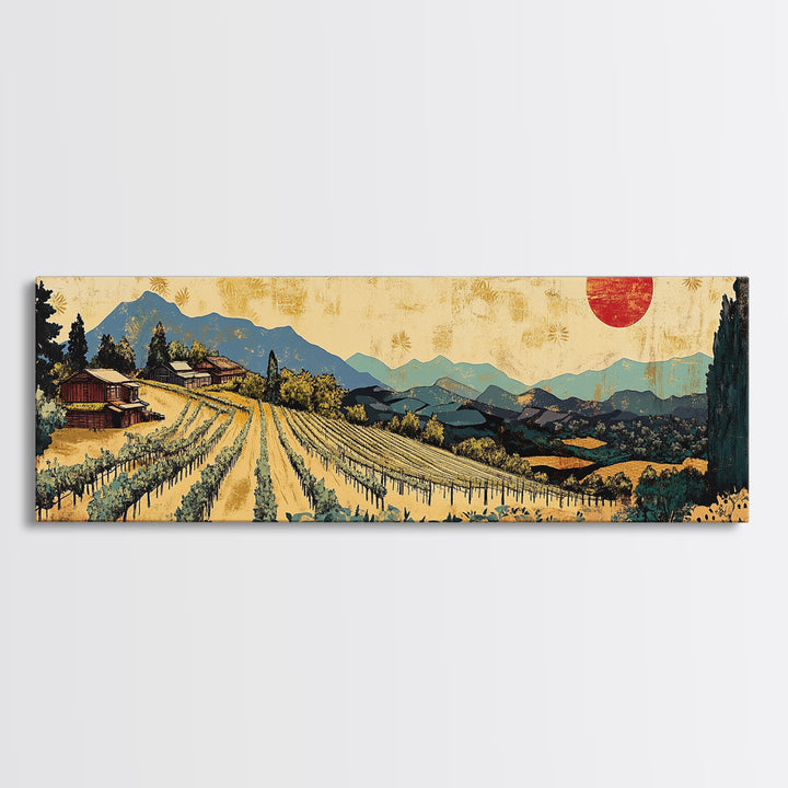 Tuscan Vineyard Rows And Red Sun Canvas Print, Wine Country Landscape Wall Art, Rustic Kitchen Decor, Housewarming Gift Idea