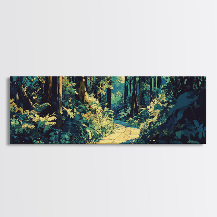 Sunlit Forest Path Through Ferns Wall Art, Nature Landscape Canvas Print, Woodland Decor, Calming Living Room Wall Art Print