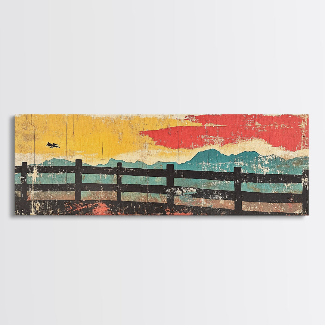 Rustic Fence And Mountain Horizon Wall Art, Abstract Landscape Canvas Print, Mid Century Modern Decor, Horizontal Wall Art
