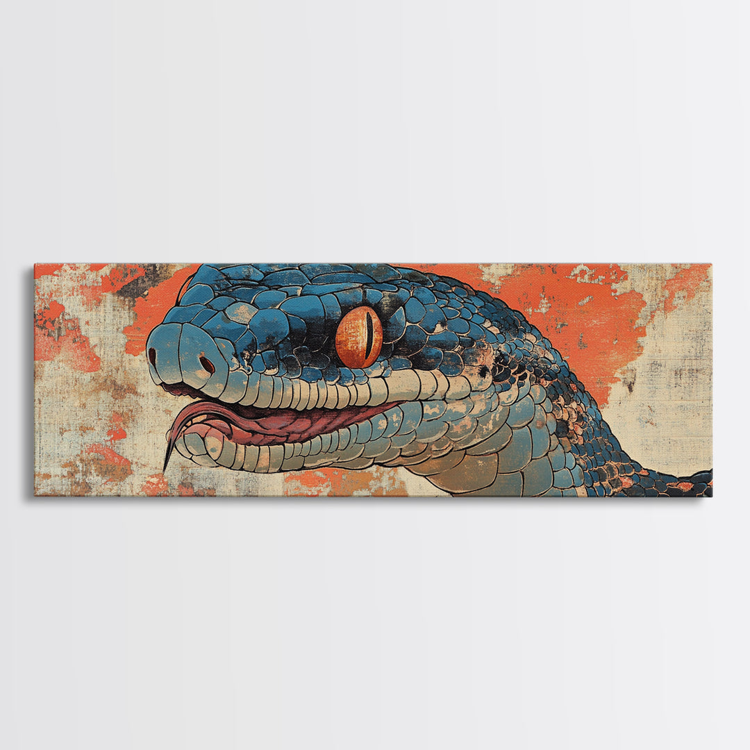 Blue Snake Portrait With Orange Eyes Wall Art, Wildlife Canvas Print, Snake Illustration, Bold Eclectic Home Decor, Statement Wall Art