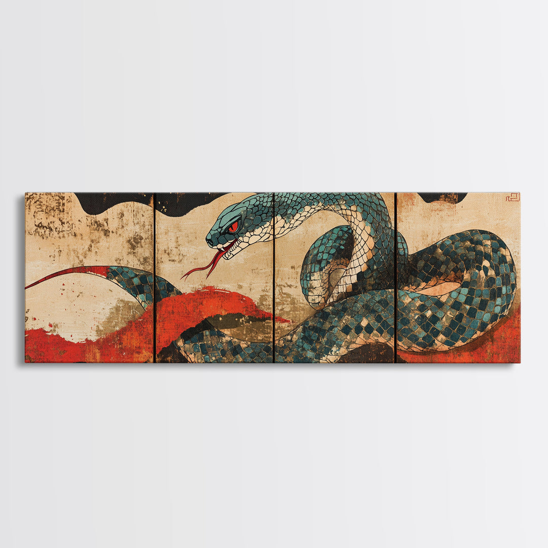 Teal Serpent With Red Sun Waves Wall Art, Japanese Snake Canvas, Ukiyo E Style, Asian Decor, Bold Wildlife Living Room Print