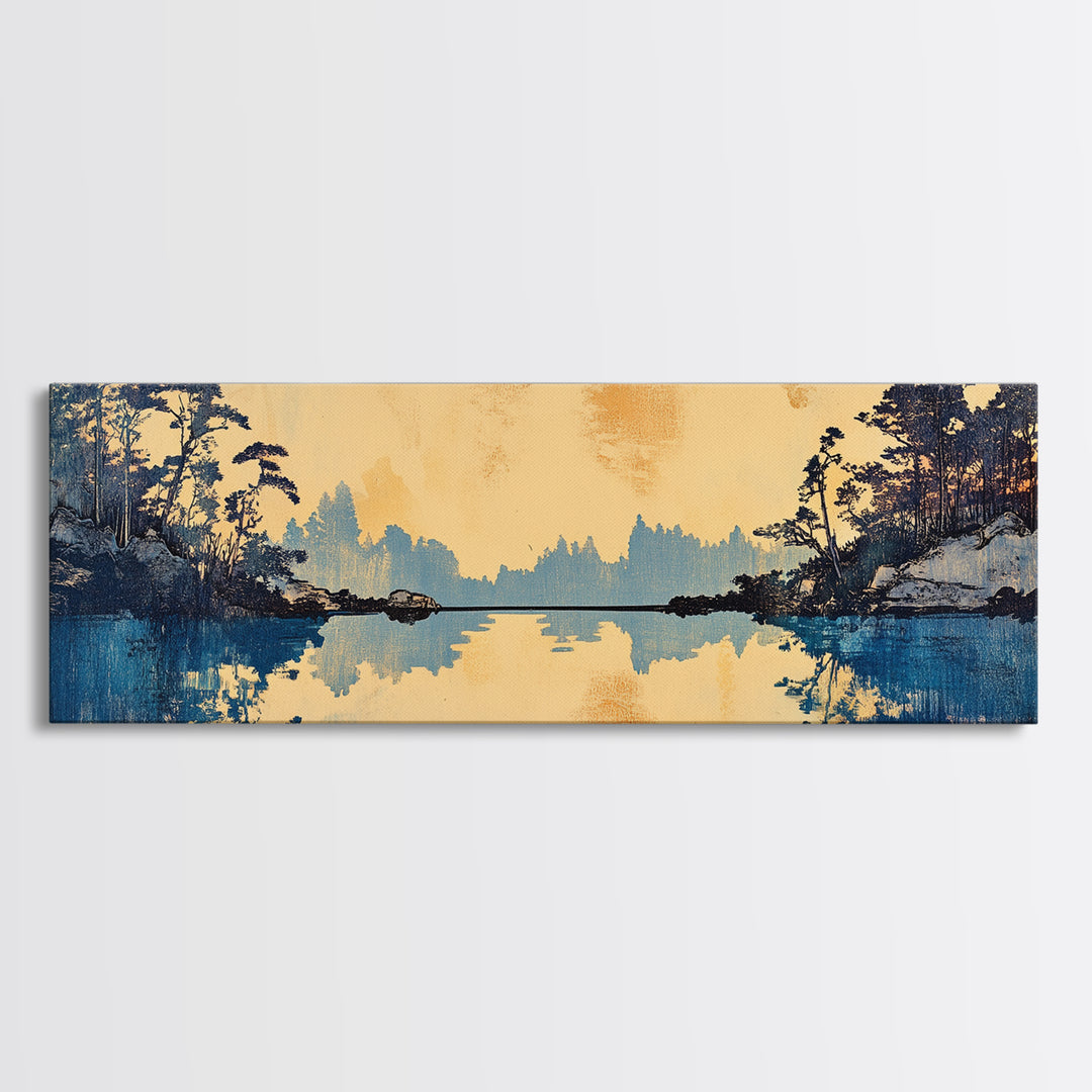 Blue Lake Pine Forest Reflections Canvas Print, Serene Nature Wall Art, Japandi Landscape Decor, Calming Living Room Print
