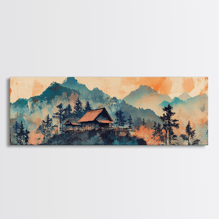 Mountain Cabin At Peach Sunrise Wall Art, Watercolor Landscape Print, Rustic Nature Decor, Cozy Bedroom Living Room Canvas