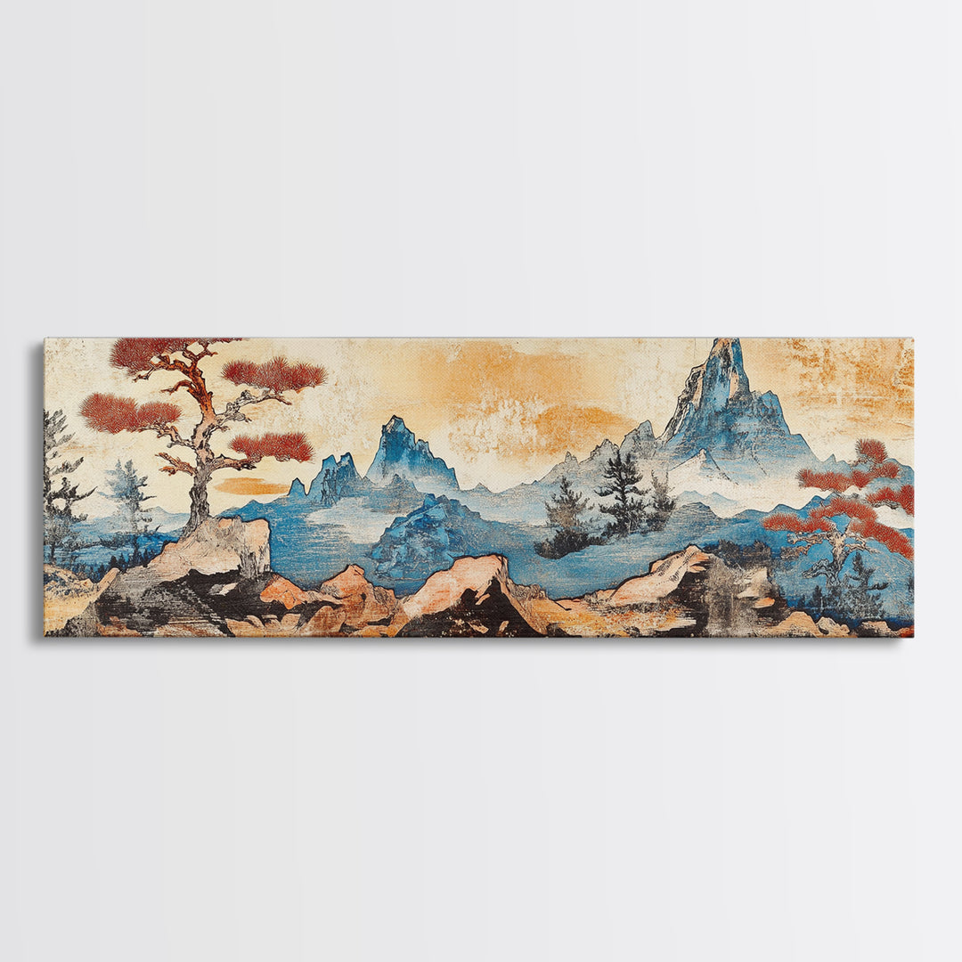 Zen Rock Garden With Blue Mountains Wall Art, Japanese Landscape Print, Wabi Sabi Decor, Serene Japandi Living Room Canvas