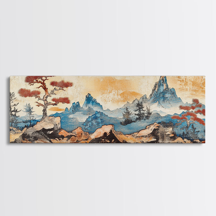 Zen Rock Garden With Blue Mountains Wall Art, Japanese Landscape Print, Wabi Sabi Decor, Serene Japandi Living Room Canvas