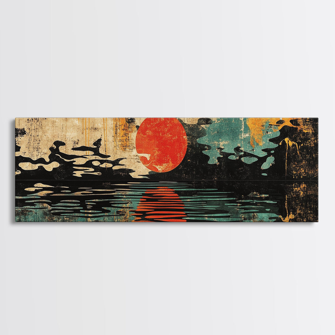 Red Sun Over Black Water Wall Art, Japanese Ink Seascape Print, Minimalist Asian Decor, Bold Modern Living Room Canvas Art