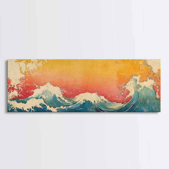 Great Wave At Golden Sunset Canvas Print, Japanese Ocean Wall Art, Hokusai Inspired Coastal Decor, Blue Living Room Print