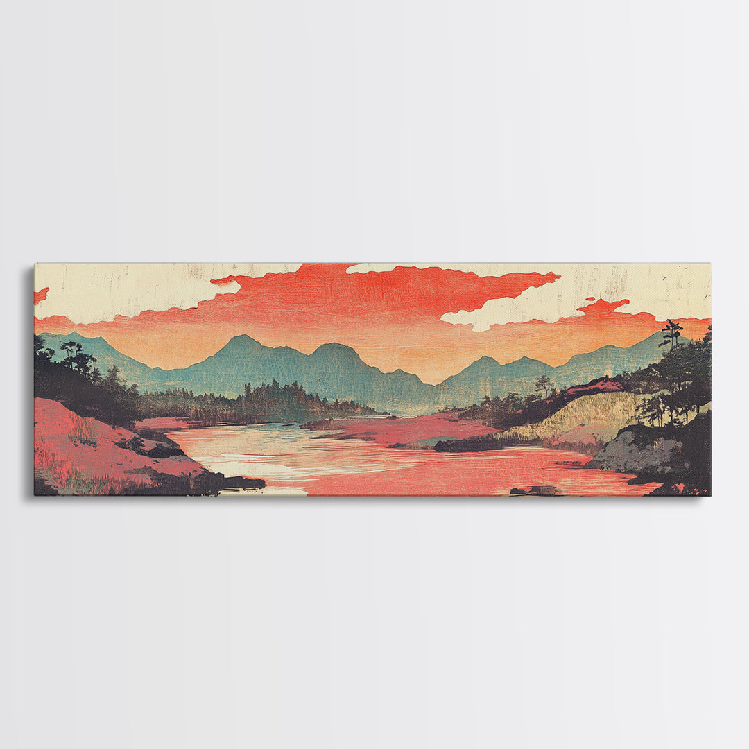Coral Sky River Valley Wall Art, Japanese Mountain Landscape Print, Long Horizontal Canvas, Modern Living Room Decor, Home Decor