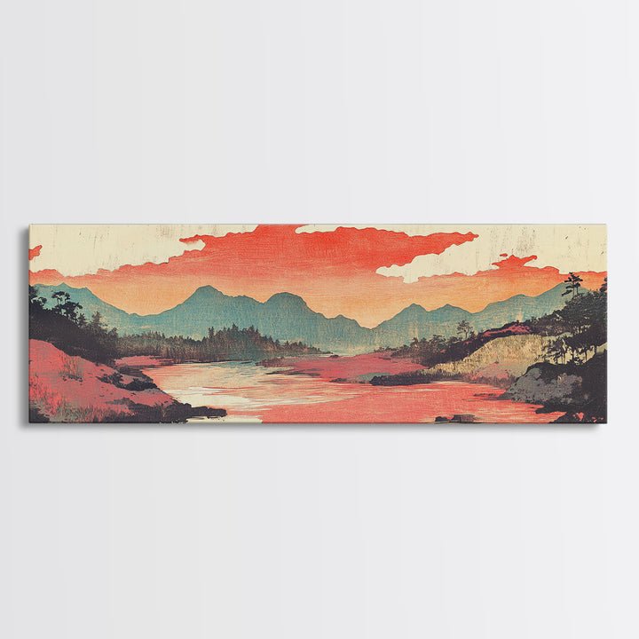 Coral Sky River Valley Wall Art, Japanese Mountain Landscape Print, Long Horizontal Canvas, Modern Living Room Decor, Home Decor