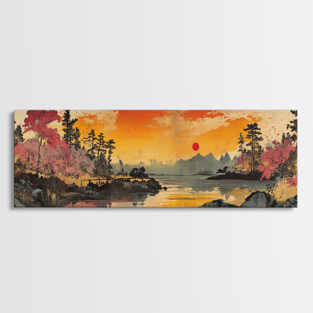 Orange Sunset Lake Wall Art, Cherry Blossom Landscape Canvas Print, Japanese Nature Decor, Panoramic Living Room Art Print