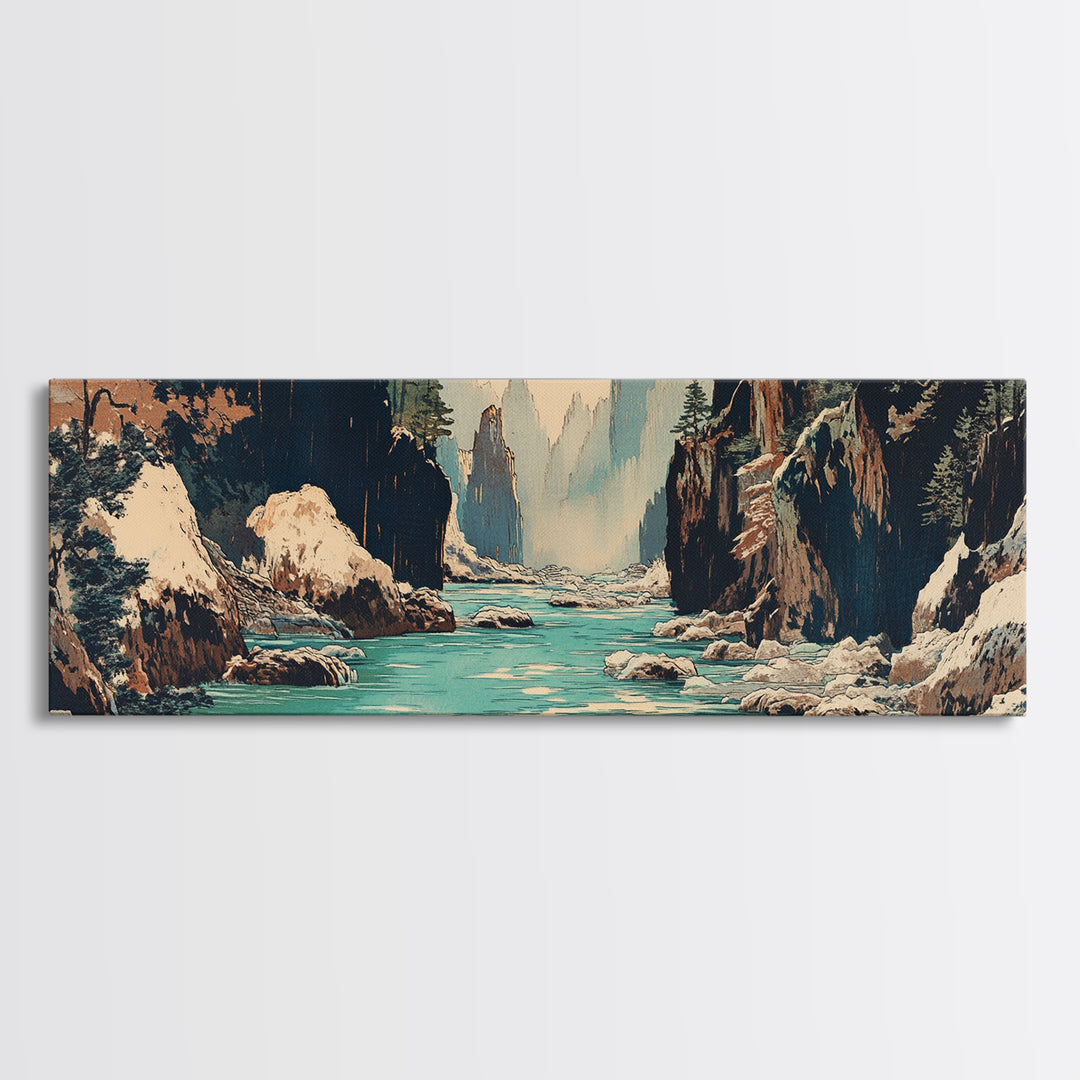 Snowy Canyon River Wall Art, Turquoise Mountain Gorge Canvas Print, Japanese Landscape Decor, Large Horizontal Artwork Print