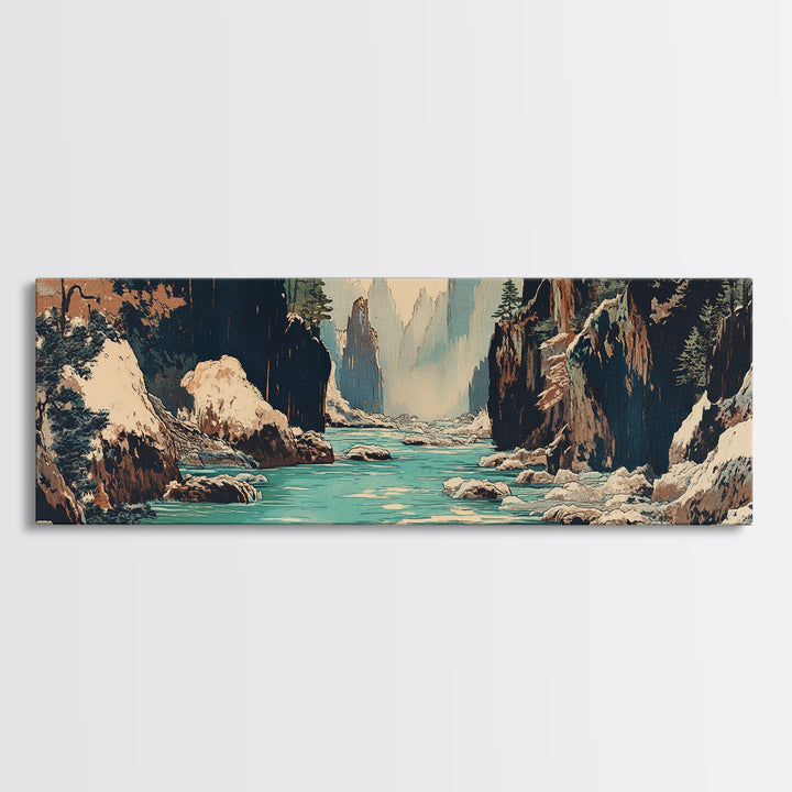 Snowy Canyon River Wall Art, Turquoise Mountain Gorge Canvas Print, Japanese Landscape Decor, Large Horizontal Artwork Print