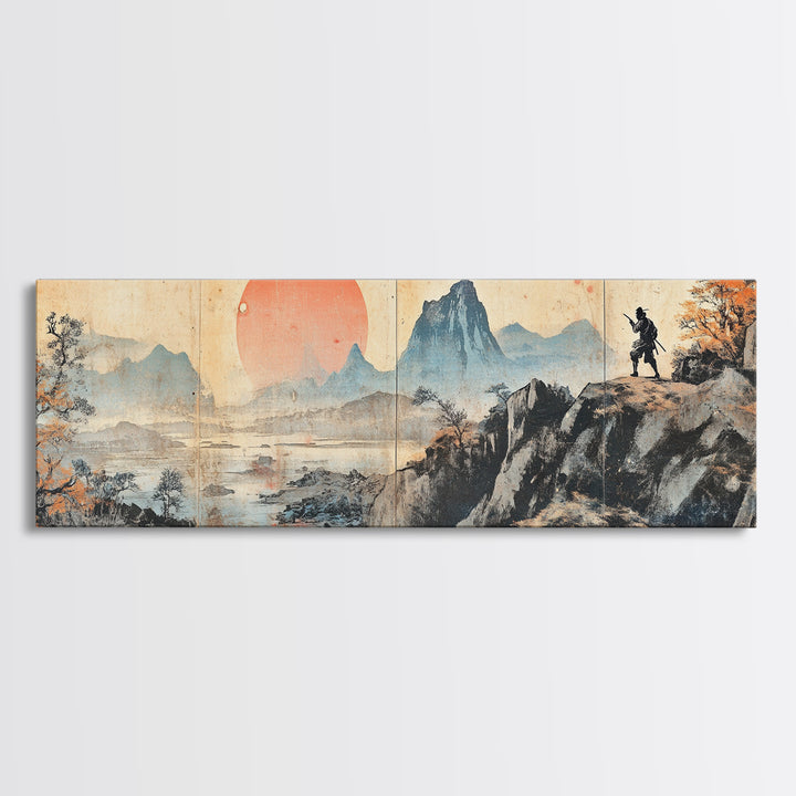 Samurai Mountain Sunset Wall Art, Japanese Landscape Triptych Canvas Print, Asian Wall Decor, Panoramic Living Room Art Print