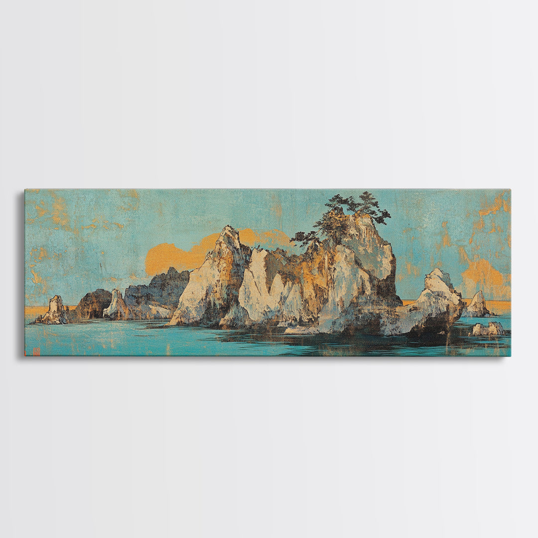 Turquoise Island Seascape With Rocky Pines, Japanese Wall Art, Coastal Landscape Print, Panoramic Canvas, Living Room Decor