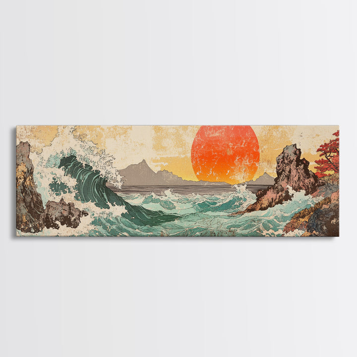 Crashing Wave And Red Sun, Japanese Wall Art, Ocean Seascape Canvas Print, Coastal Wall Decor, Large Living Room Art, Home Decor